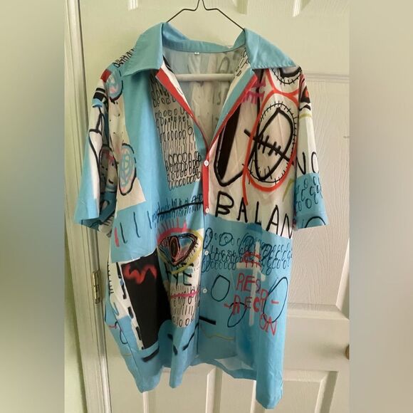 Pop Art Dress Shirt Short sleeve - Blue Black Button Down Casual Dress Shirt XL - Picture 7 of 7
